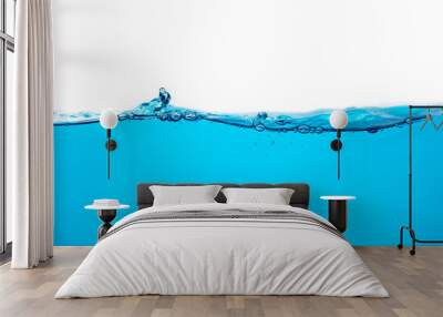 Blue water splashs wave surface with bubbles of air on white background. Wall mural