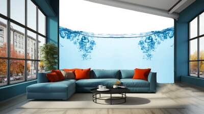 Blue water splashs wave surface with bubbles of air on white background. Wall mural