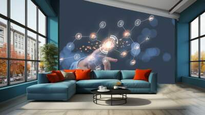 Businessman touching clouds virtual with connection network. communication global to the future. Technology information digital internet online for success of business. Wall mural