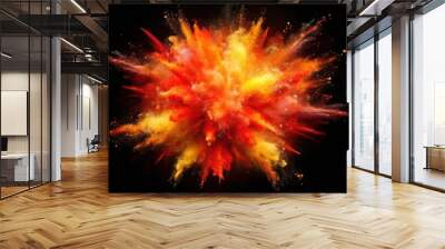 Fisheye orange and red powder explosion on black background Wall mural