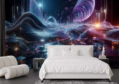 Fractal realm's diverse energy, illuminated by lights, is a digital backdrop of science and technology, where data and motion intertwine in a fractal pattern for design or communication Wall mural