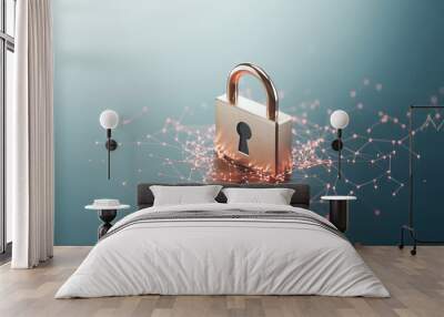 A secure padlock symbolizes online security, surrounded by network of glowing connections, representing digital protection and safety Wall mural