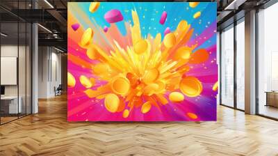 Colorful explosion of three dimensional gold coins against vibrant background, creating dynamic and energetic visual effect. bright colors evoke excitement and joy Wall mural