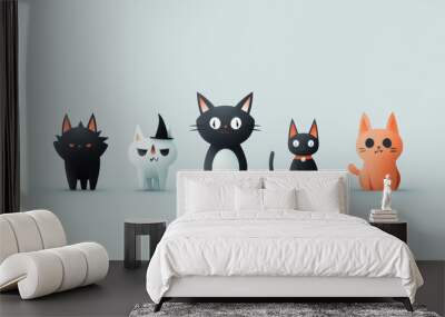 Cute cartoon animals dressed as vampires for Halloween, featuring variety of playful cat characters in different colors and styles. Their expressions add whimsical touch to festive theme Wall mural