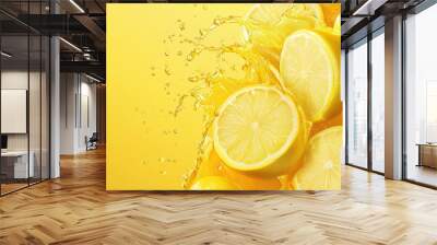 Fresh lemons burst with juice in vibrant splash against bright yellow background, creating refreshing and lively visual. Wall mural