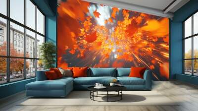 joyful explosion of 3D fall leaves flying outward with vibrant colors and dynamic motion, creating sense of excitement and energy in autumn atmosphere Wall mural