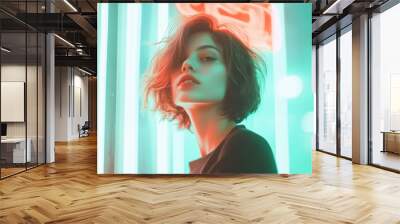 person with short hair stands in front of neon lights, exuding confident and captivating aura. vibrant colors create striking visual impact Wall mural