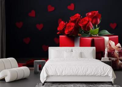 Gift box, bouquet of fresh roses and festive red hearts on dark background. Wall mural