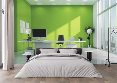 Modern bright green office with work desk and computer screen Wall mural