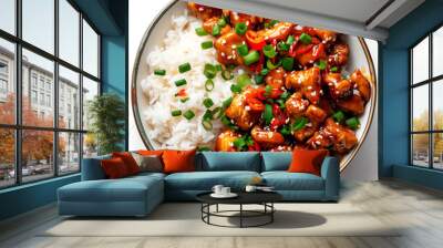 chinese food, general tso chicken with rice in bowl on white background, overhead view Wall mural