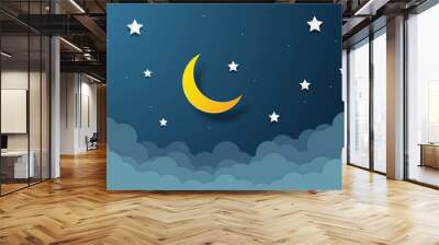 night sky with stars and moon. paper art style. Dreamy background with moon stars and clouds, abstract fantasy background. Half moon, stars and clouds on the dark night sky background. Wall mural