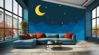 night sky with stars and moon. paper art style. Dreamy background with moon stars and clouds, abstract fantasy background. Half moon, stars and clouds on the dark night sky background. Wall mural