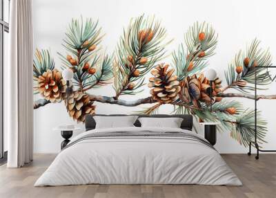 pine cones on a branch, watercolor style Wall mural