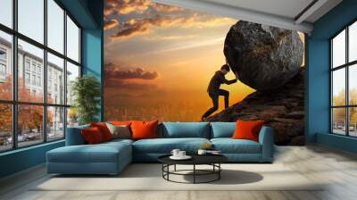 Business man pushing large stone up to hill , Business heavy tasks and problems concept. Wall mural