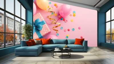 Colorful birthday present and balloons on a pink background and New Year's festival, Generative AI Wall mural