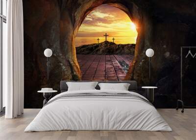 Empty tomb with three crosses Wall mural