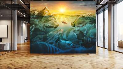 Fish swims among plastic bag ocean pollution. Environment concept Wall mural