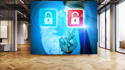 Hand pushing virtual security button on digital background Wall mural