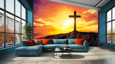 silhouetted christian cross silhouette on the mountain at sunset Wall mural