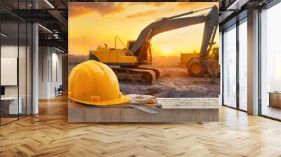 yellow hard hat on construction site Wall mural