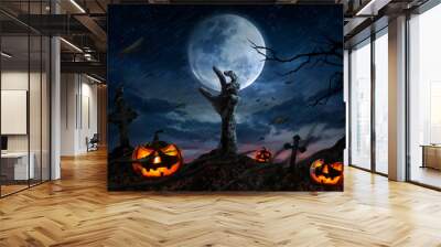 Zombie hands rising in dark Halloween night. Wall mural