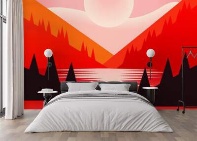 Vector of Mountain and sun. Sunset sky. Lake view. Wall mural