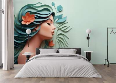 Beauty woman face with flower annd green leaf illustration papercut style with copy space. Template for international woman's day and positive mental health concept. Generative ai. Wall mural