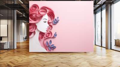 Beauty woman face with leaf illustration papercut style with copy space. Template for international woman's day and positive mental health concept. Generative ai. Wall mural