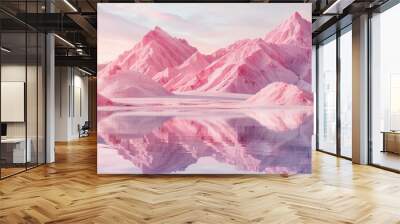 Beside a tranquil lake pink salt mountains rise a minimalist landscape hiding secrets in its pastel shades a serene mystery. Generative ai. Wall mural