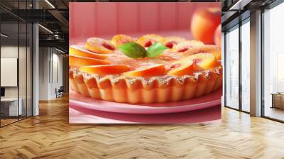 Close up of a peach tart with fresh peaches on top. Generative ai. Wall mural