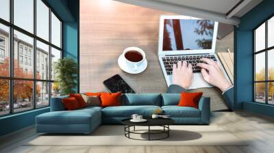 A business man using a laptop in a conference room with space to enter text Wall mural