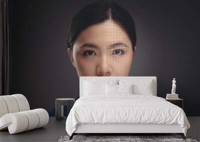 Close up shot of portrait Asian woman and technology scanning face. Wall mural