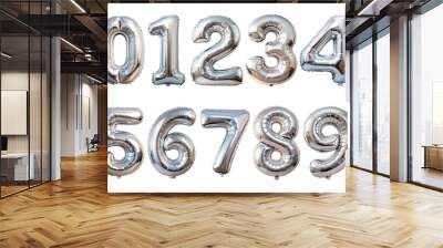 Set of metallic silver balloon numbers set, isolated on transparent background Wall mural