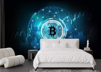 Bitcoin digital currency, futuristic digital money on global hologram, technology worldwide network concept, vector illustration Wall mural