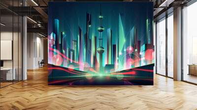 Futuristic night cityscape on a neon skyline background with glowing neon light. Highway perspective view. Cyberpunk and retro wave style, vector illustration. Wall mural