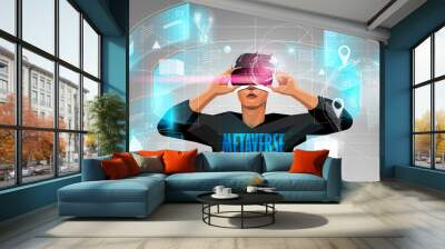 Metaverse digital cyber world technology, Man holding virtual reality glasses surrounded with futuristic interface 3d hologram data, vector illustration. Wall mural