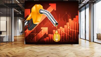 Oil price rising concept Gasoline yellow fuel pump nozzle isolated with drop oil on red growth bar chart background, vector illustration Wall mural