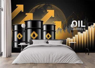 Oil price rising concept Oil barrels on a growth chart background. Investment market and trade arrows up, vector illustration Wall mural