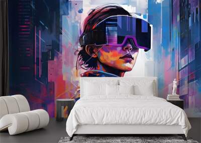 VR technology digital cyber world technology, virtual reality glasses surrounded with futuristic AR interface 3d hologram, metaverse and VR apple vision pro concept, Generative AI illustration	 Wall mural