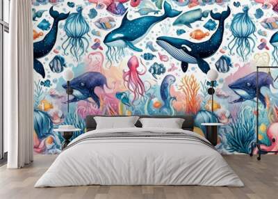 Sea animal watercolor pattern Illustration background. Wall mural