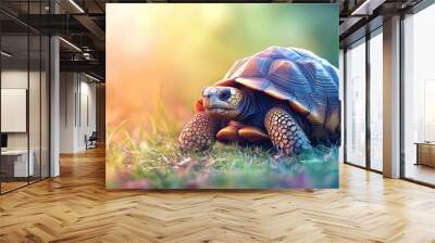 3D tortoise slowly moving with a soft pastel background on the right, representing longevity and patience, style of Wall mural