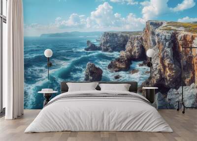 A panoramic view of a coastal cliff with detailed rock textures and ocean waves Wall mural