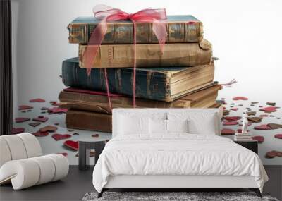 A stack of books tied with a ribbon and surrounded by Valentine's hearts, set against a white background Wall mural