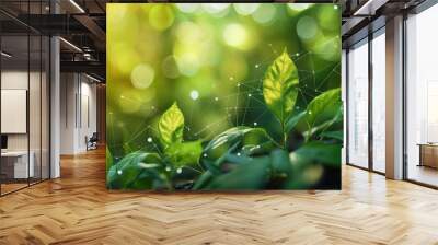 Leaves on financial graphs representing eco-friendly investments, green economy, sustainability, illustration background Wall mural