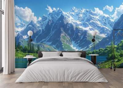 Majestic mountain range with snow-capped peaks, clear blue sky, and a tranquil lake at the base, illustration background Wall mural