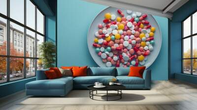 Photorealistic top view shot of a white plate filled with colorful medicine pills on a blue background, octane render, ultra realistic, 4k, illustration background Wall mural