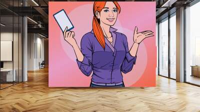 Business woman with smartphone and mobile phone Some people are impressive. Illustration vector On pop art comics style Boards background. Wall mural