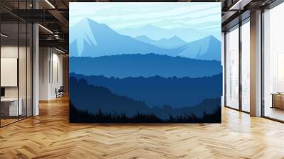 Natural forest trees mountains horizon hills Sunrise and sunset Landscape wallpaper Illustration vector style Colorful view background Wall mural