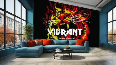 Burning tiger head illustration with flames and slogan for fashion, apparel, poster design and other creative use Wall mural