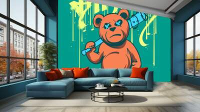 gangsta teddy bear with baseball bat illustration with custom typographic slogan print design Wall mural